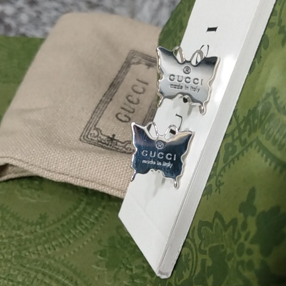 🦋NEW, Gucci Sterling Silver Butterfly Trademark Logo Earrings - Picture 8 of 16